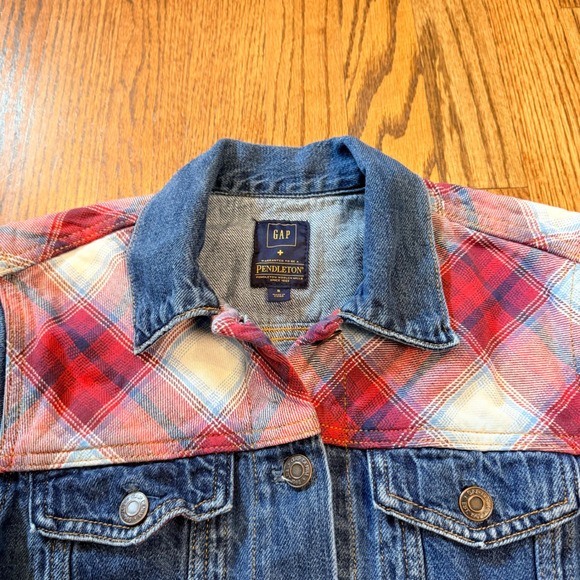Gap x Pendleton Denim Trucker Jacket Plaid Wool Yoke S Blue Colab Western Spring - Picture 3 of 7